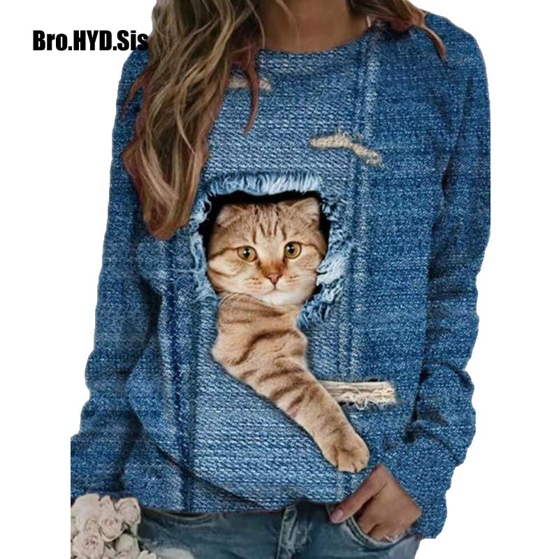 Jerséis informales con estampado 3D de gato bonito y divertido, ropa de mujer, sudaderas de primavera y otoño, camisetas de manga larga, ropa de mujer, Tops de moda