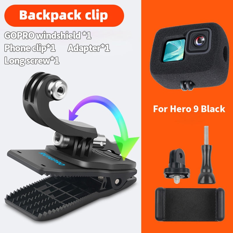 Para accesorios Go Pro, mochila con rotación de 360 ​​grados, abrazadera de Clip para GoPro Hero11 10 9 8 7 6 5Xiaomi yi para teléfono SJCAM SJ4000