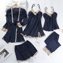 Lace Patchwork 5PCS Sleepwear Nightgown Kimono Bathrobe Gown Satin Lady Nighty&amp;Robe Suit Sexy Home Clothes White Wedding Robe