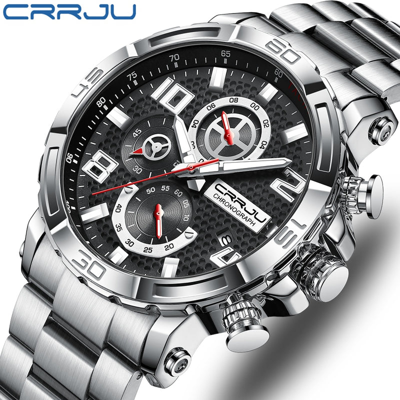 CRRJU Herrenuhren Großes Zifferblatt Wasserdicht Edelstahl mit LeuchtzeigernDatum Sport Chronograph Uhren Relogio Masculino