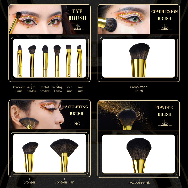 Jessup Makeup Brushes Set 10pcs Basic Powder Eyeshadow Contour Foundation Liner Brow Brush Kit Vintage Golden Synthetic Hair