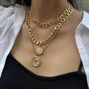IngeSight.Z Punk Multi Layer Curb Cuban Chunky Thick Portrait Choker Halskette Damen Vintage geschnitzte Münze Anhänger Halskette Schmuck