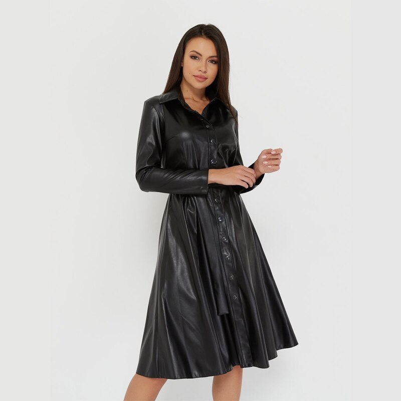 Winter Casual Sashes Pu Leather A-Line Dresses Women Turn-down Collar Long Sleeve Solid Color Knee Dress Office Lady Wear