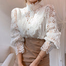 Korean Chic Lace Blouse Women White Patchwork Shirt Button Hollow Out Tops Flower Stand Collar Blusas Petal Sleeve Blouses 12419
