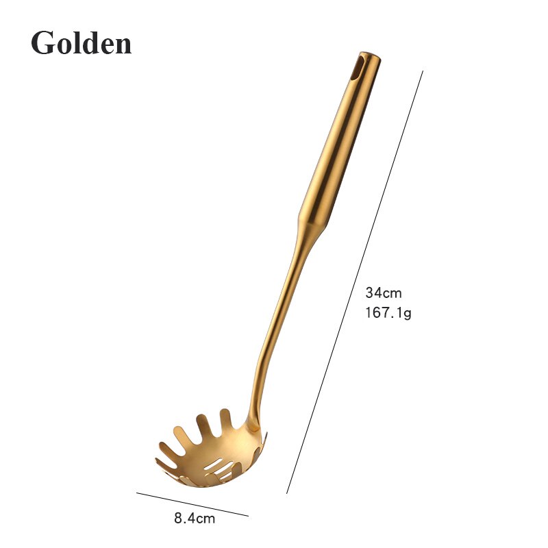 Goldenes Kochgeschirr aus Edelstahl, Kochutensilien, Pfannenwender, Wender, Schöpfkelle, Löffel, Sieb, Filter, Kartoffelstampfer, Küchenutensilien