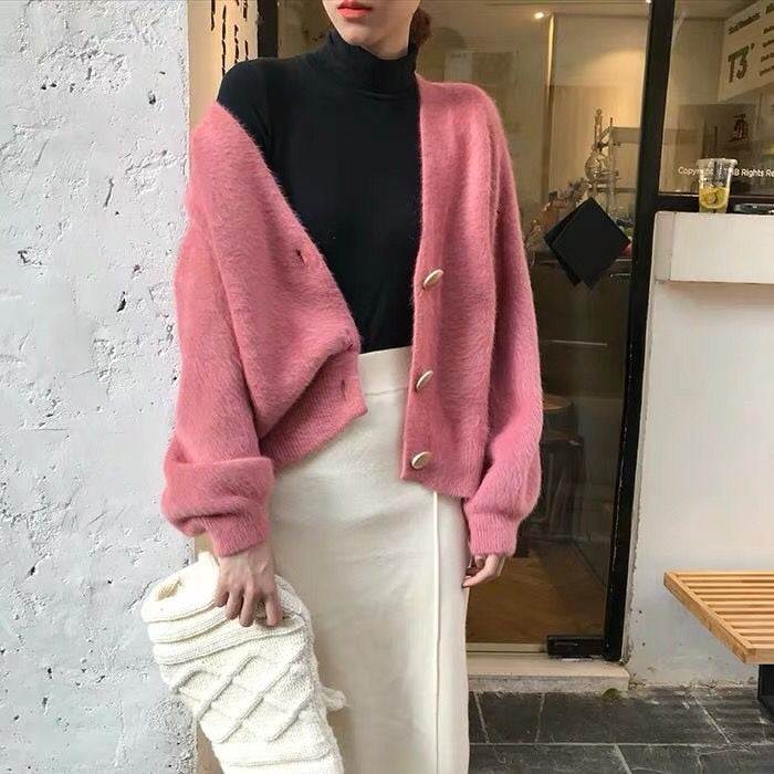 Hirsionsan Elegant Langarm Mohair Pullover Damen 2020 Neue Einreiher Damen Kurze Strickjacke Weich Flexibel Strick Outwear