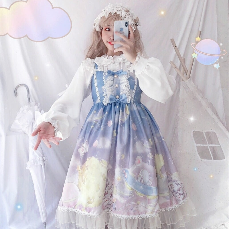 Lolita Dress Sweet Cute Japanese Kawaii Girls Princess Maid Vintage Gothic Printed Patterns Lace Pink Summer Skirt