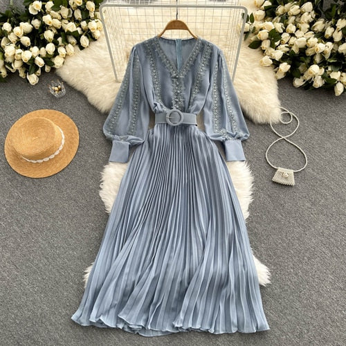 Women Lace Patchwork Pleated Chiffon Long Dress Autumn Winter Red/Black/Blue Draped Party Vestidos With Sashes Female Robe 2021