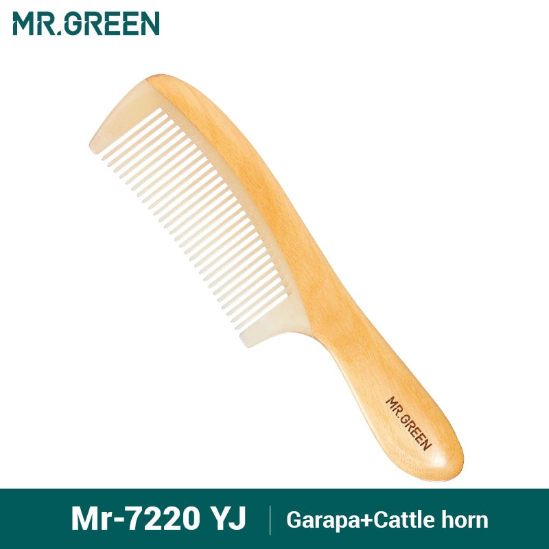 MR.GREEN Comb Natural Wood With Horn Splicing Structure Fine Tooth Hair Comb Anti-Static Head acupuncture point massage Gift