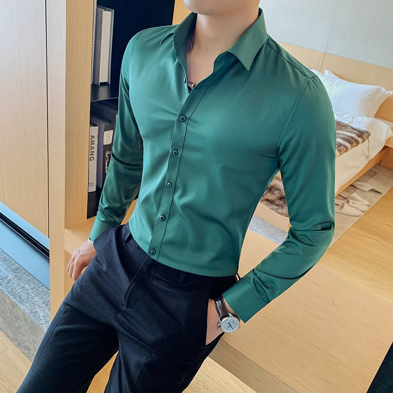 40kg-75kg Small Asian Size Fashion New Mens Shirt Korea Styles Long Sleeve Slim Fit Yellow Green White Casual Social Shirts