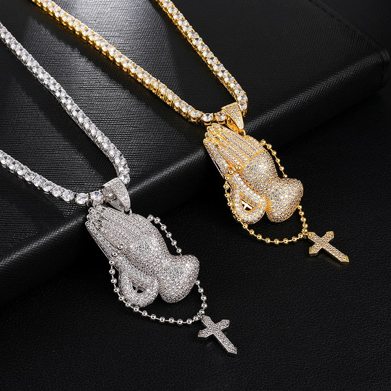 Hip Hop Bling Cubic Zirconia Iced Out Praying Hands Cross Necklaces &amp; Pendants For Men Jewelry With Tennis Chain