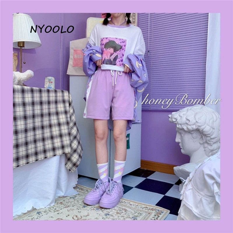 NYOOLO Harajuku style Love heart print patchwork high waist shorts women 2020 summer elastic waist Drawstring sweet girls shorts