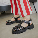 Meotina Platform Wedges Sandals Real Leather Mid Heel Shoes T-Strap Round Toe Female Footwear Buckle Sandals Summer Black New