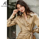 AEL lace up satin robe dress casual loose ladies Single breasted long shirt dress