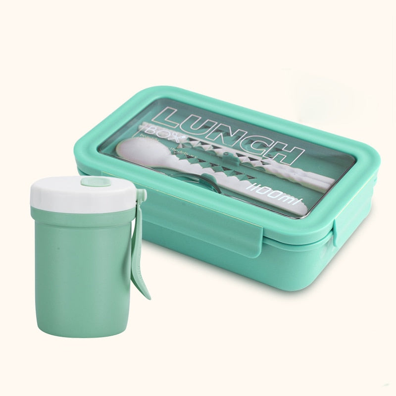 Fiambrera de Material ecológico de 1100ml, caja Bento sin BPA, contenedor de alimentos para microondas con cubiertos