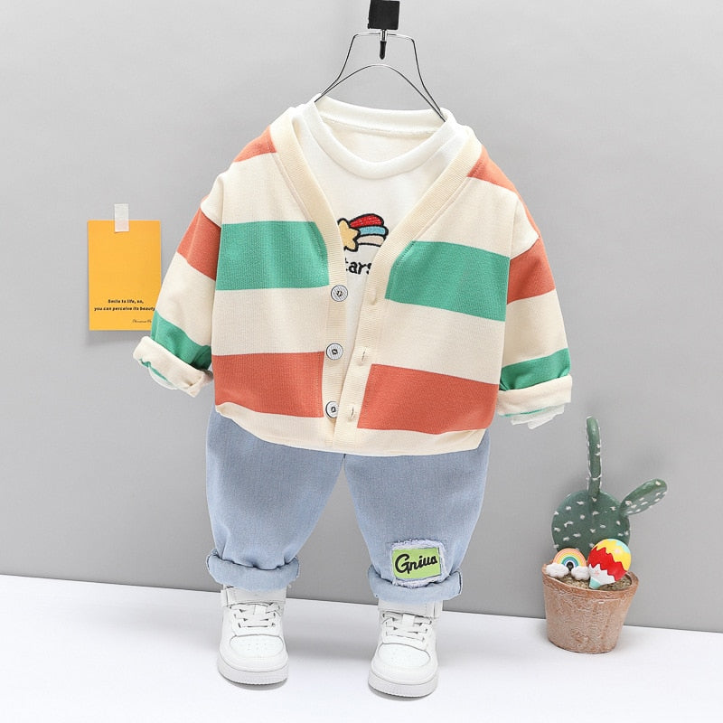 2021 Spring Baby Boys Girls Clothing Sets Toddler Infant Stripe Coats T Shirt Jeans Children Outfit Kids Casual Costume
