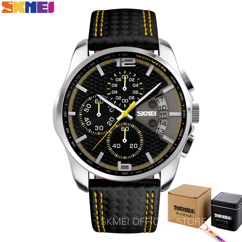 SKMEI Fashion Sport Mens Watches Top Brand Luxury Leather Strap 5Bar Waterproof Quartz Wristwatches Relogio Masculino 9106