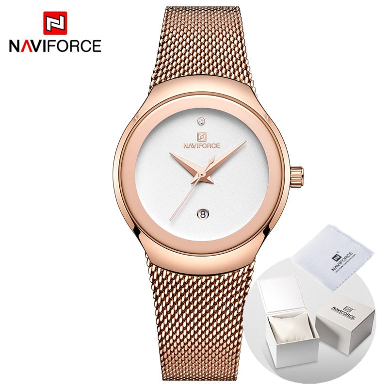 Relojes de marca de lujo NAVIFORCE para mujer, reloj de pulsera de cuarzo informal a la moda para mujer, reloj resistente al agua de acero inoxidable y oro rosa para chica