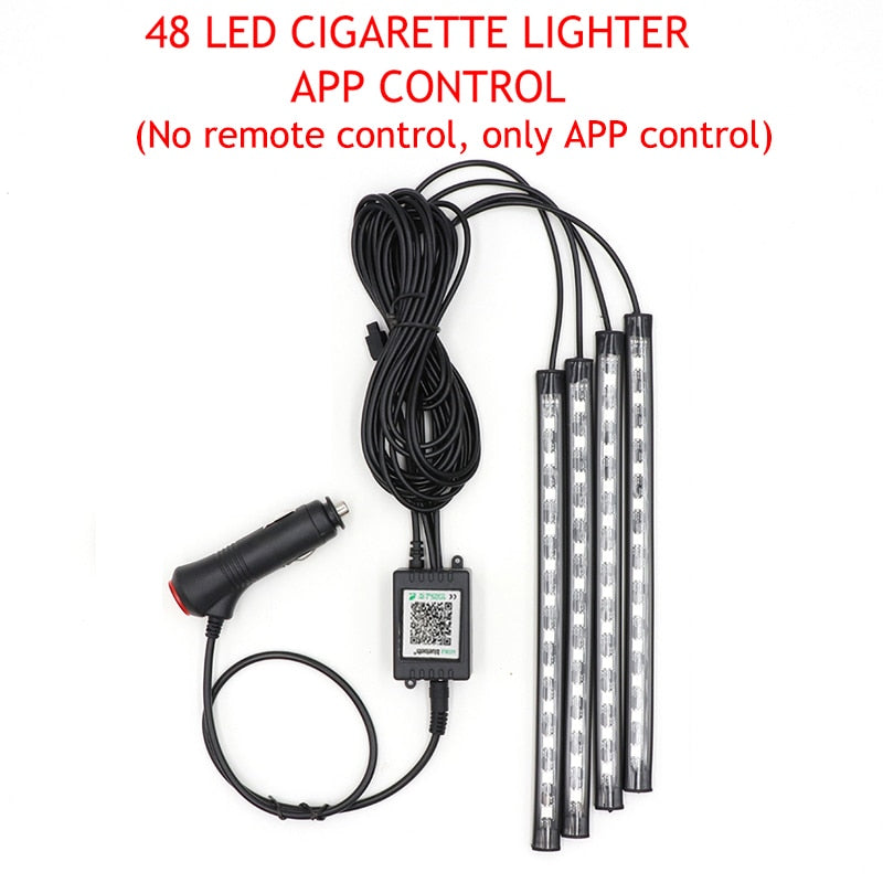 Luz LED para pie de coche, lámpara ambiental, aplicación USB, Control remoto de música, múltiples modos, luces decorativas interiores automotrices