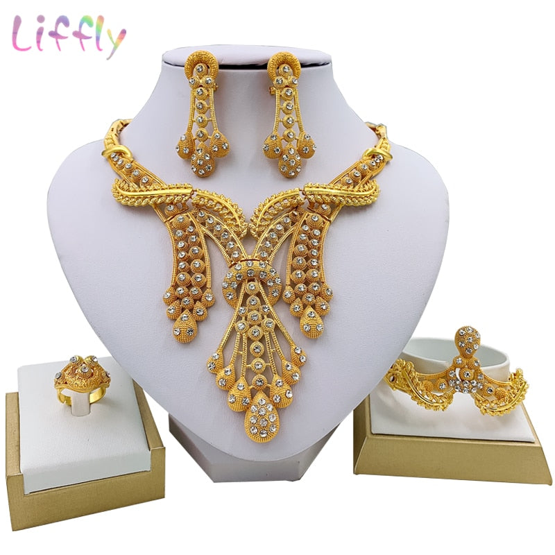 Liffly Luxury Bridal Dubai Jewelry Sets Fashion BraceletRing Wedding Jewelry Sets for Women Necklace And Earrings