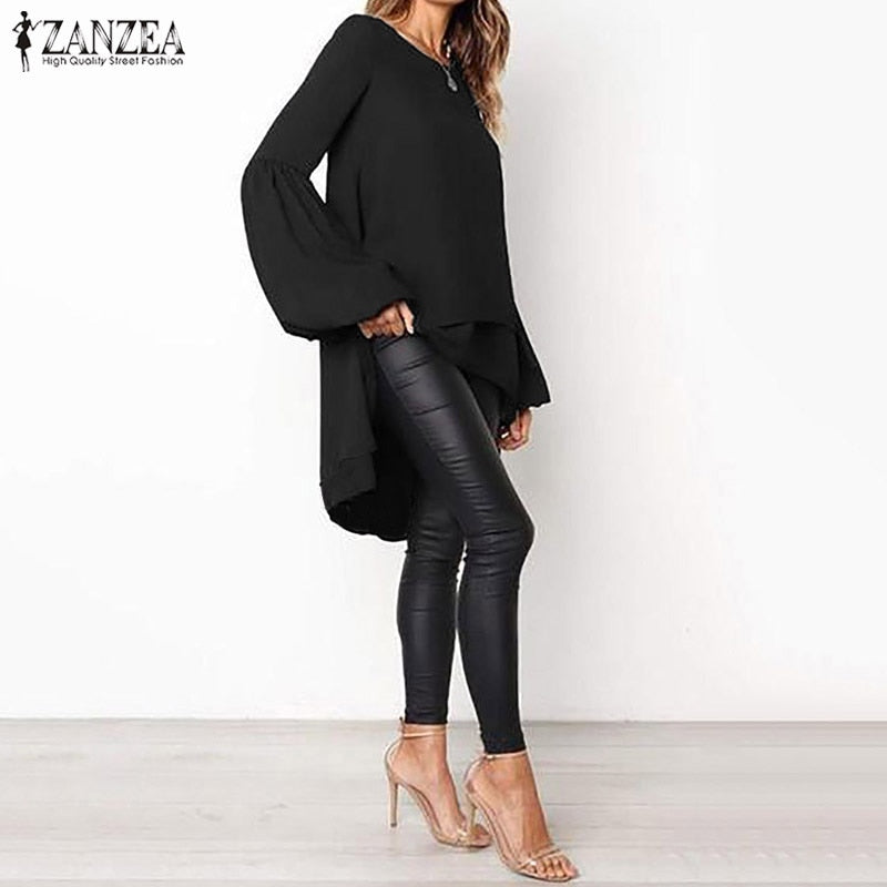 Blusa asimétrica de moda para mujer 2022 ZANZEA, Tops elegantes con mangas abullonadas, Blusas en capas, Blusas sólidas para mujer, Tops tipo túnica