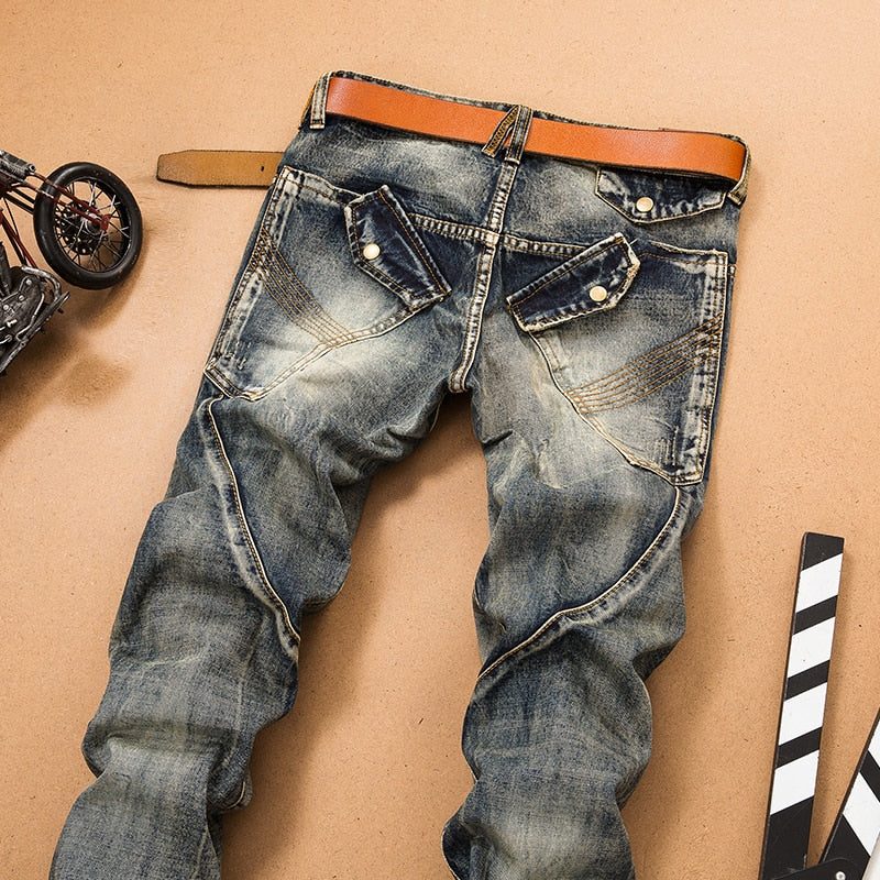 Herren-Jeans-Hosen Splicing Jean Denim-Hosen Biker-Qualität, männlich, gerade, lässig, Designer, viele bequeme Taschen