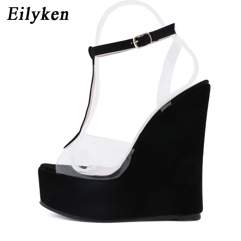 Eilyken, nuevo diseño, sandalias con correa de hebilla en el tobillo, cuñas de plataforma para mujer, tacones altos, zapatos de gelatina transparente de PVC con punta abierta de verano