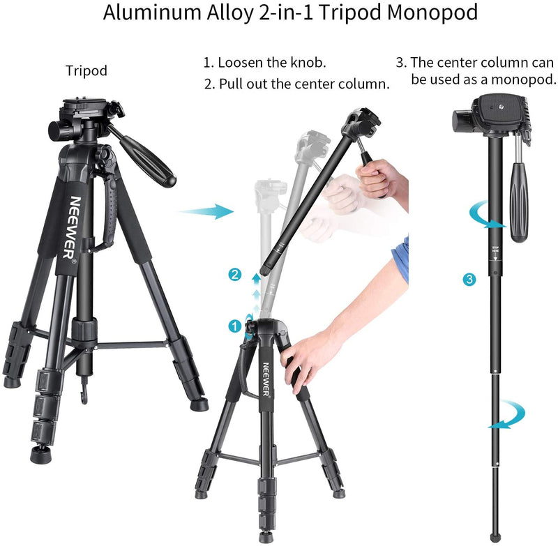 Neewer Kamerastativ Einbeinstativ Aluminiumlegierung mit 3-Wege Schwenkkopf Tragetasche für Sony/Canon Portable 70 Zoll/177 cm