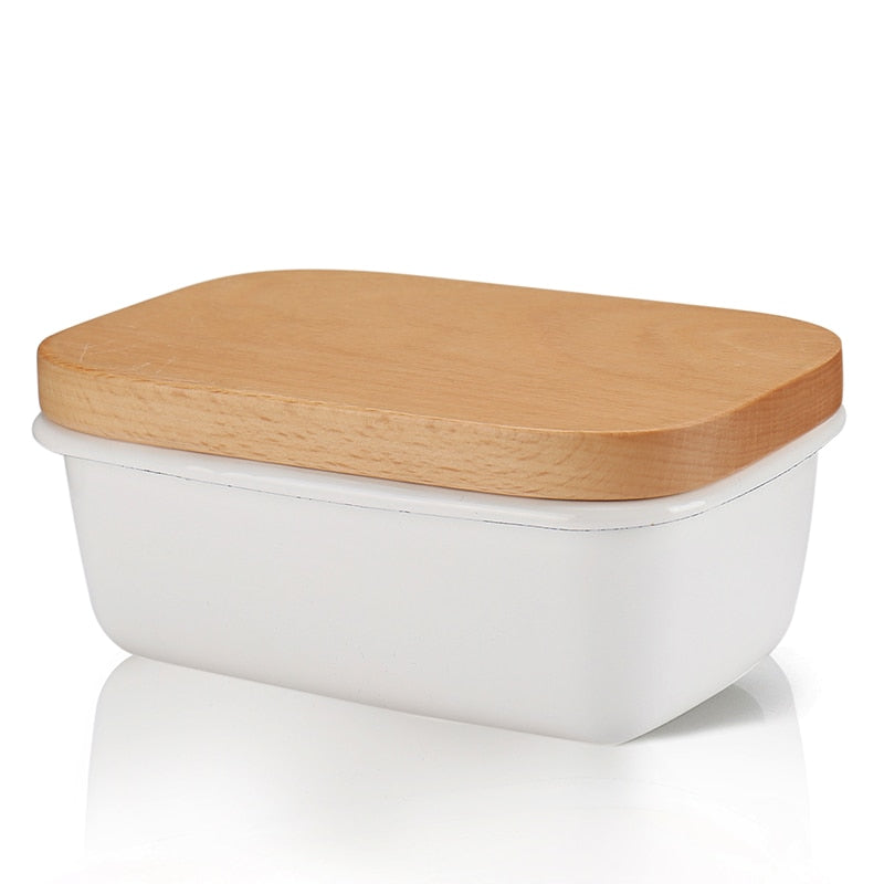 Caja de mantequilla esmaltada, caja de almacenamiento para conservas de frutas, nuevo contenedor de mantequilla con tapa de madera, accesorios de cocina