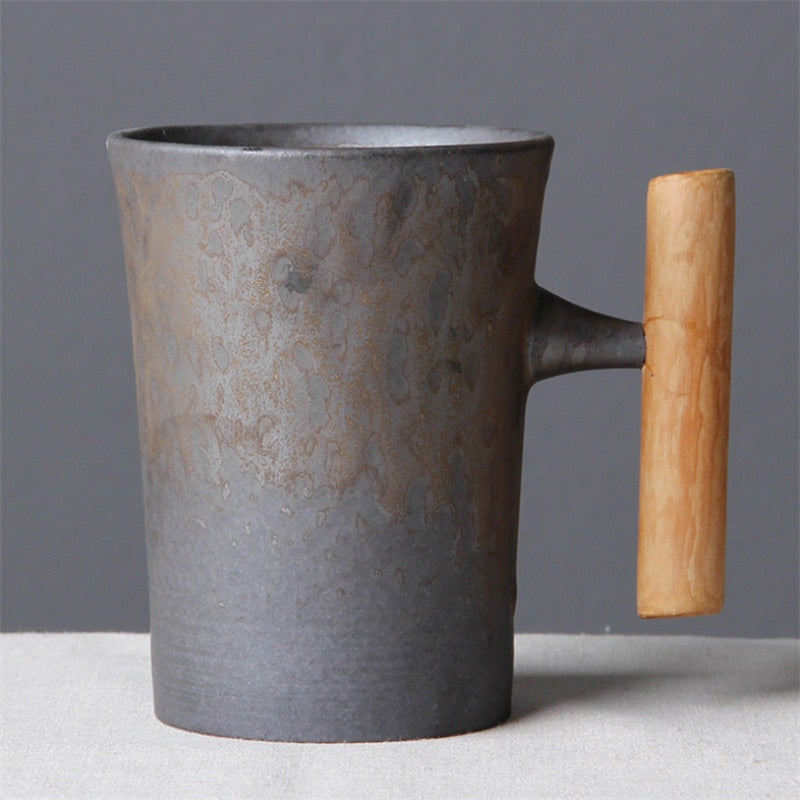 Taza de café de cerámica Vintage de estilo japonés, vaso con esmalte oxidado, taza de cerveza de té con mango de madera, taza de agua para el hogar y la Oficina