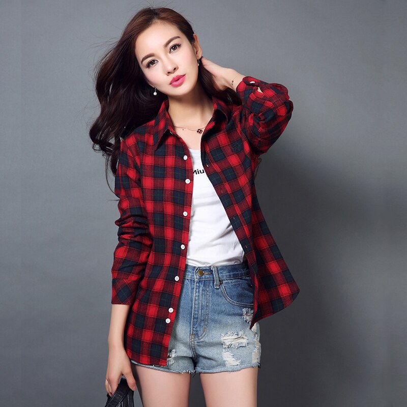 S-4XL Women Cotton Shirt Spring Autumn Winter 2022 New Casual Long-sleeve Brushed Plaid Stripe Shirts Girl's Tops Blouse Female