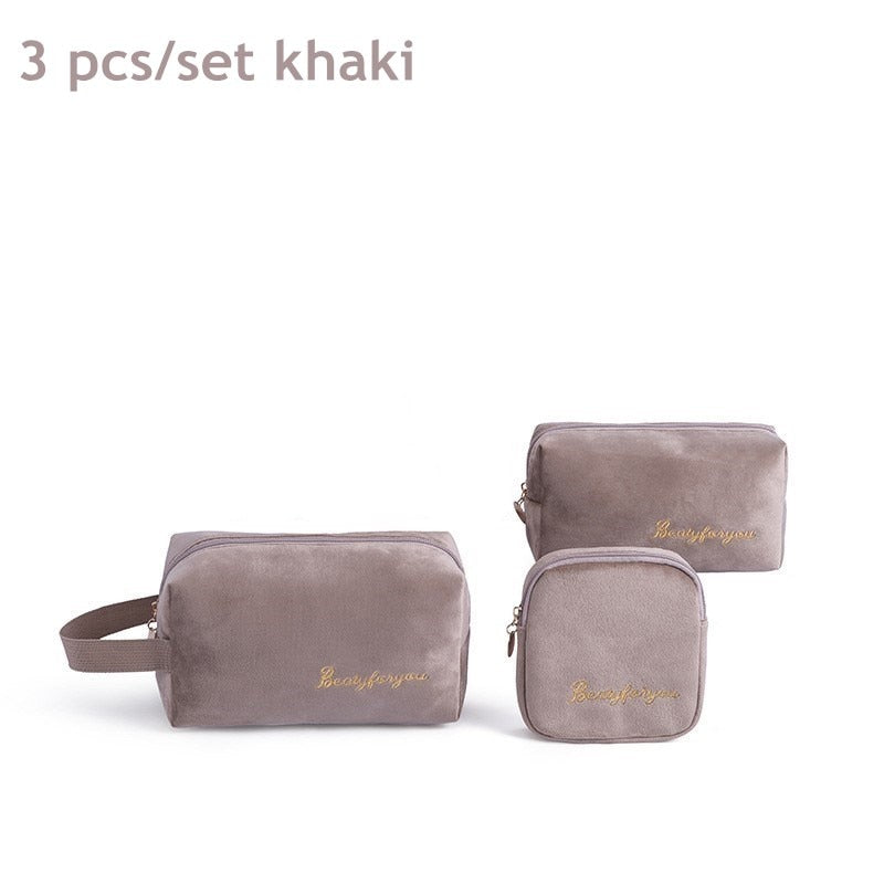 PURDORED 3 Pcs/set Velvet Cosmetic Bag Set Solid Women Makeup Bag Organizer Travel Toiletry Wash Bag Kit Neceser Kosmetyczka