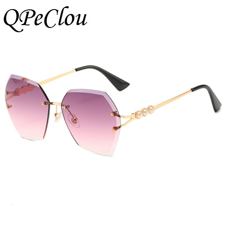 QPeClou 2020 Rimless Polygon Sunglasses Women Retro Luxury Pearls Sun Glasses Woman Fashion Metal Gradient Shades Oculos De Sol