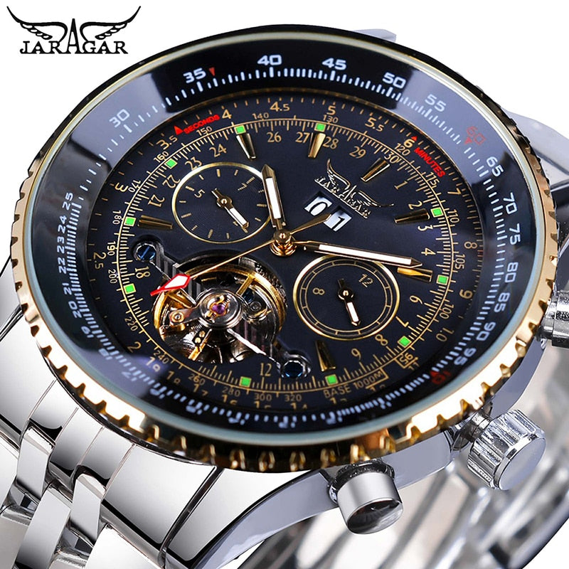 Jaragar 2017 Flying Series Golden Bezel Scale Dial Design Reloj de acero inoxidable para hombre Marca de lujo Reloj mecánico automático