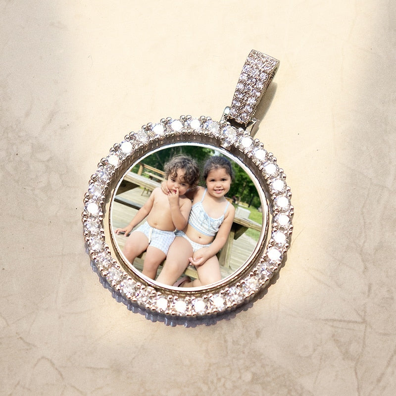 D&amp;Z Custom Made Photo Rotating double-sided Medallions Pendant Micro Paved CZ Round Pendant Collier For Men Women Accessories