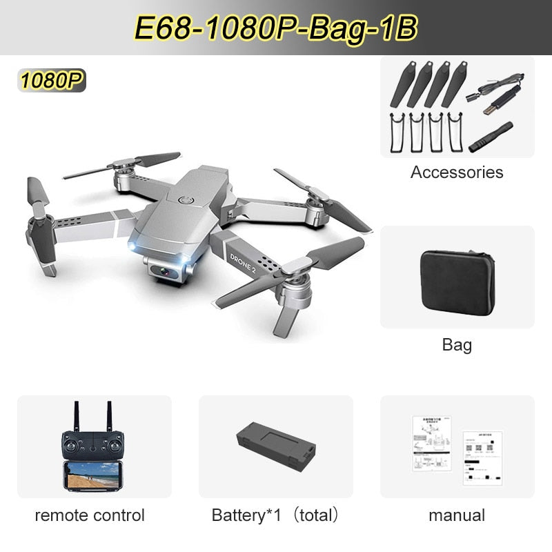 JINHENG E68 Mini RC Drone 4K 1080P HD Camera Wifi FPV Air Pressure Altitude Hold Mode Foldable Quadcopter Toy Kid&