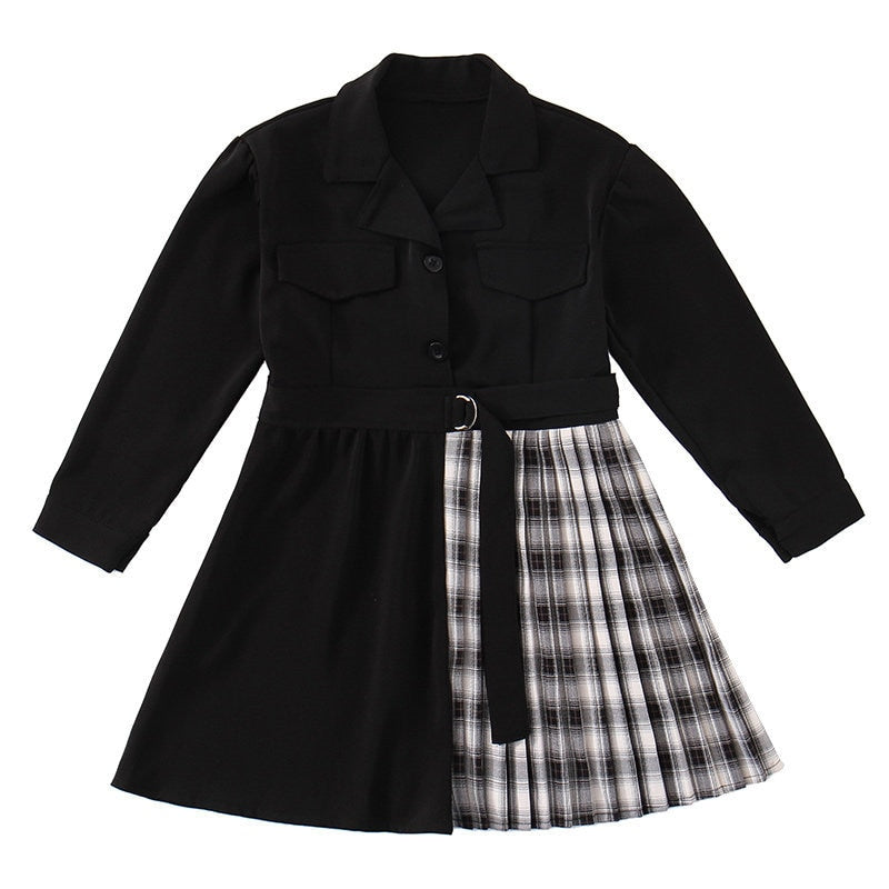 Kinder Blazer Kleid 2022 Mädchen Formal Schwarz Blazer Kleid Anzug Jacke Weibliche Mode Kinder Stitching Plaid Blazer Party Kostüm