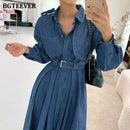 BGTEEVER 2020 Vintage Chic Women A-line Long Denim Dress Autumn Winter Single-breasted Belted Female Jeans Dress Loose Vestidos