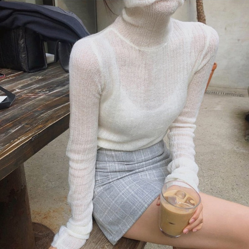 TWOTWINSTYLE White Korean Knitted Sweater For Women Turtleneck Long Sleeve Autumn Slim Pullover Female Clothing Fashion New 2020