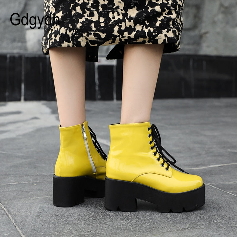 Gdgydh, botines de mujer con tacón de plataforma de estilo Punk, botas gruesas de moto para mujer, zapatos de charol morado amarillo, talla grande