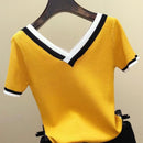 V-Ausschnitt Kurzarm Shirt Frauen Kontrastfarbe Gestreift Gestrickt 2023 Sommer Tops Shirt Koreanische Kleidung Femme Camisetas Mujer 13362