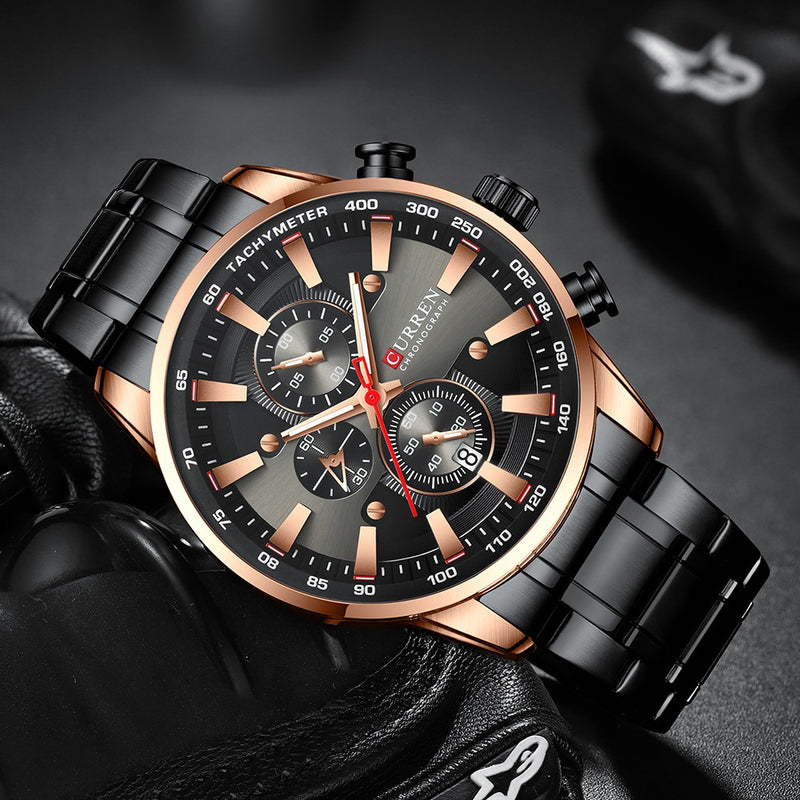 CURREN Herrenuhren Sportliche Luxus-Chronographen-Armbanduhren für Herren Quarz-Edelstahlband-Uhr mit Leuchtzeigern