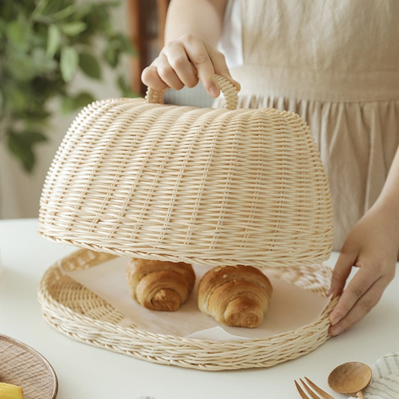 Rattankorb Brotkorb Weiße Rattan Aufbewahrungskörbe Obst Staubdichte Abdeckung Speisekammer Organizer Küchenaufbewahrung