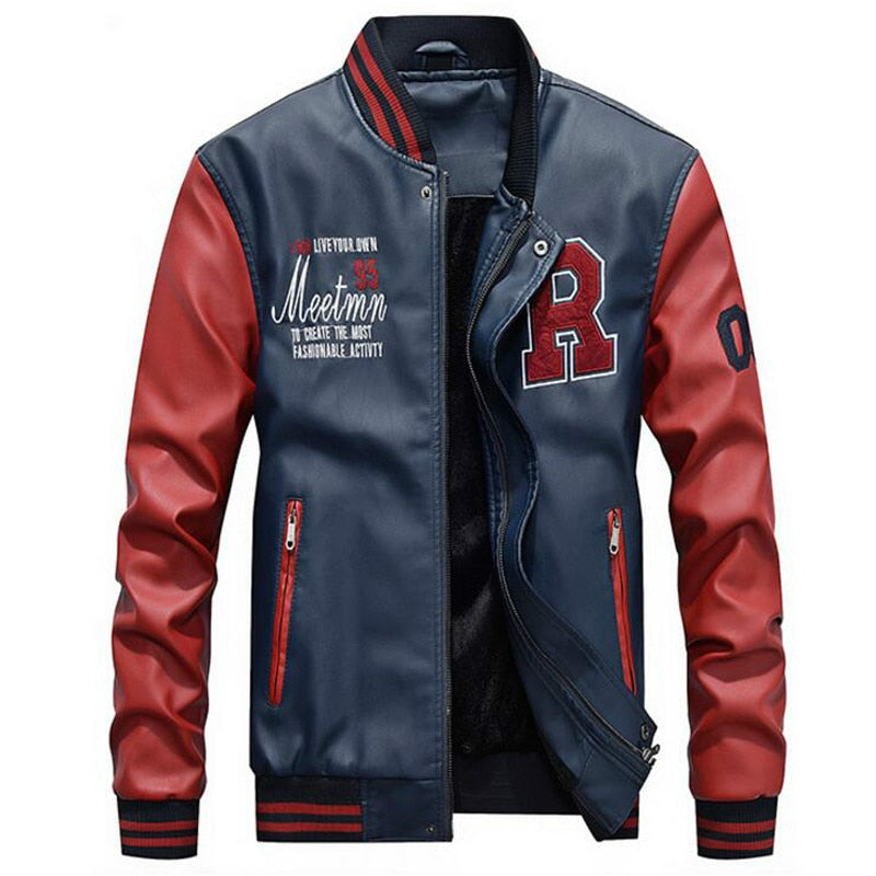 Chaqueta Bomber de cuero para hombre, chaquetas de béisbol, abrigo de piel sintética para motorista, chaqueta de lana para piloto universitario, parte superior de cuero para universidad, motocicleta ajustada negra