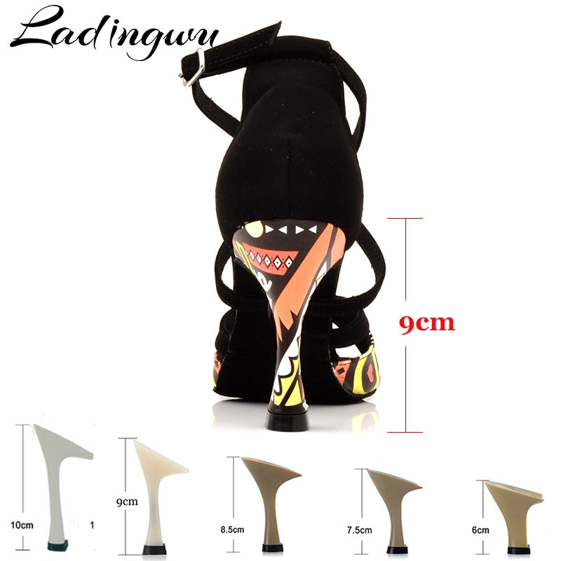 Ladingwu Latin Dance Shoes For Women Black Flannel and Orange African print Salsa Dance Shoes Women&