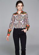 Summer Women Slim Blouses Tops Baroque Print Runway Long Sleeve Shirt Ladies Collar Elegant Vintage Office Shirts Work Wear