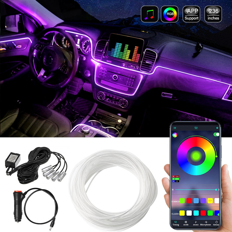 Luz ambiental para coche, aplicación de decoración Interior ambiental, Control de sonido, tiras Led de neón RGB inalámbricas, lámparas flexibles automáticas