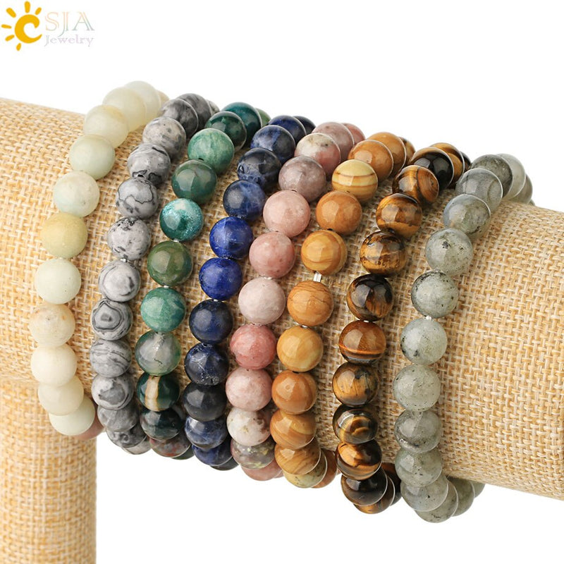 CSJA, pulseras de hilo de piedras naturales de 8mm, pulsera elástica curativa con cuentas redondas de un solo Color para mujer, joyería Simple de moda G432