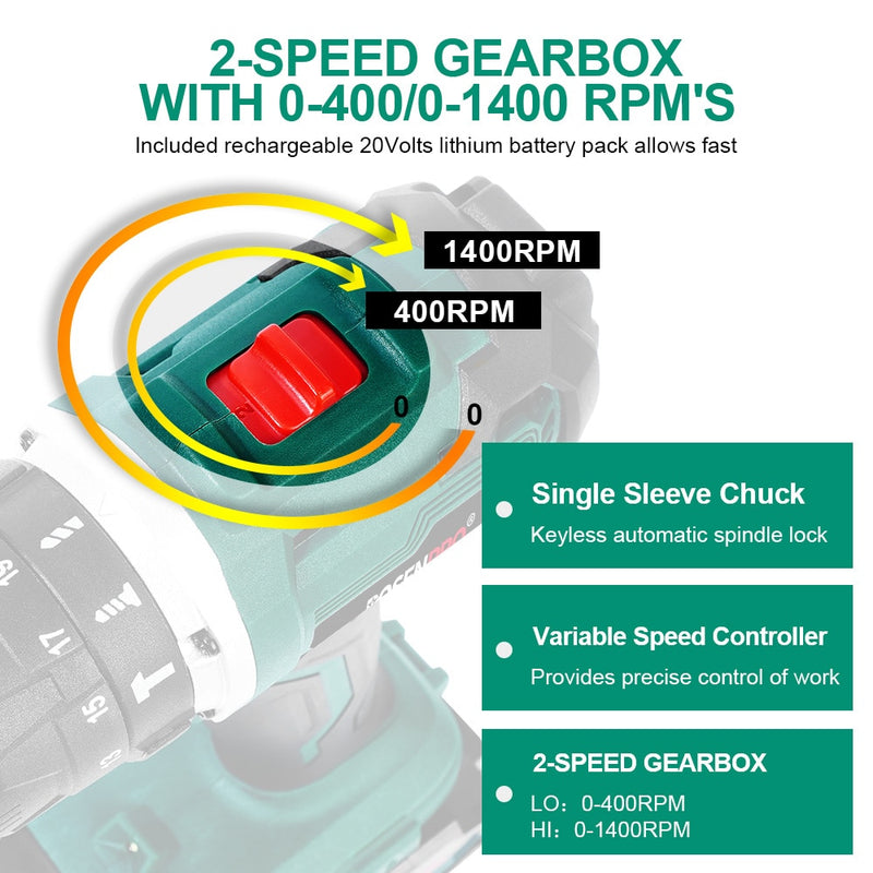 Electric Drill Brushless Cordless Drill 20V 1/2'' All Metal Chuck Cordless Drill Driver Battery 13MM Drill Keyless POSENPRO