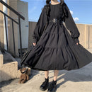 YBYR Japanese Harajuku Women Black Midi Dress Gothic Style Suspenders Bandage Dress Vintage Ruffles Long Baggy Cosplay Costume